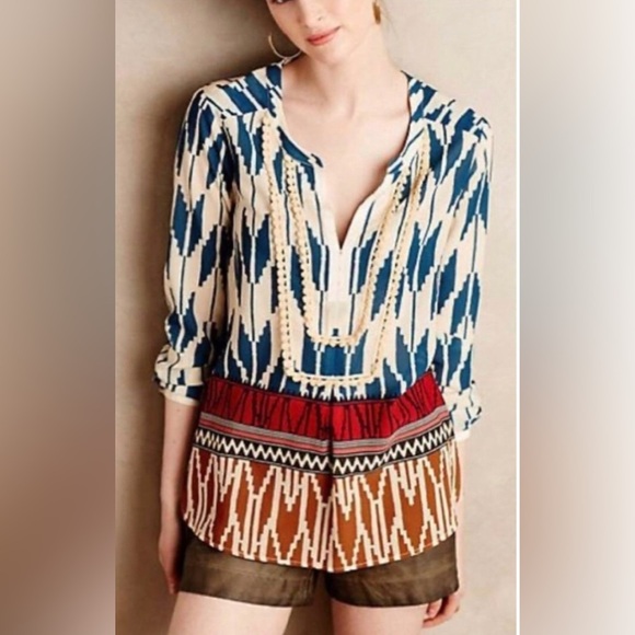 MAEVE Anthropologie‎ Rohana Embellished Henley Aztec Sheer Blouse Top size 0 - Picture 1 of 7